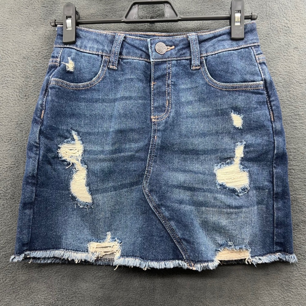 Justice Denim Distressed Frayed Hem High Rise Blue Jean Skirt - Girls